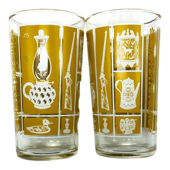 Libbey Other - Pair VTG Libbey Tumbler Glass Mustard Gold Colonial Americana Old Time Country‎